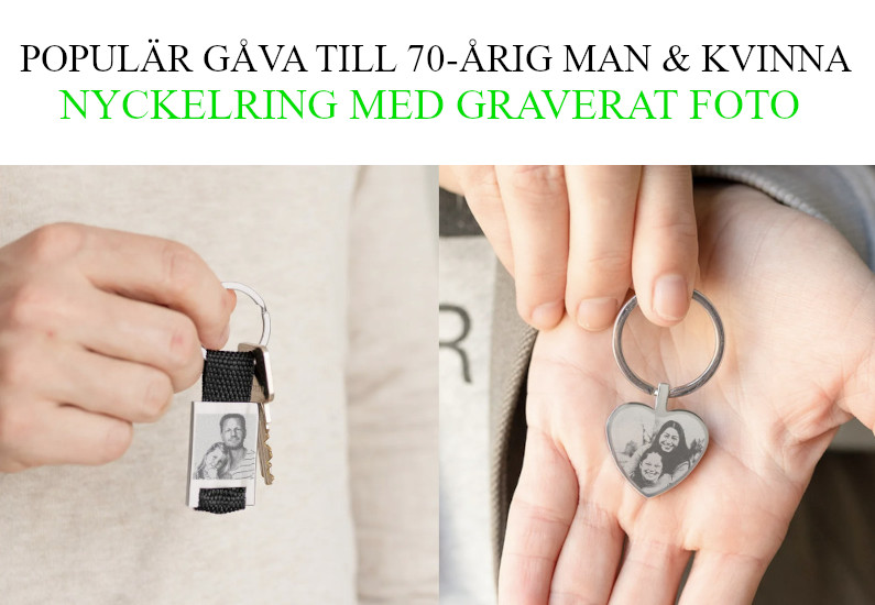 70 års present till man eller kvinna - Nyckelring med graverat foto