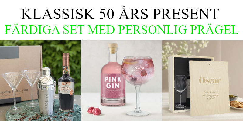 förslag på 50 års present - färdiga set med dryck och graverade glas