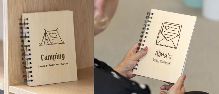 Personliga julklappar och presenter - Tips på anteckningsbok i trä där du väljer texten